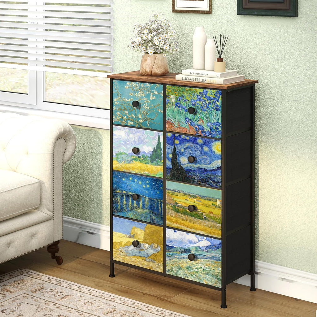 Rustic Brown Wood Top 8 Drawer Narrow Tall Dresser