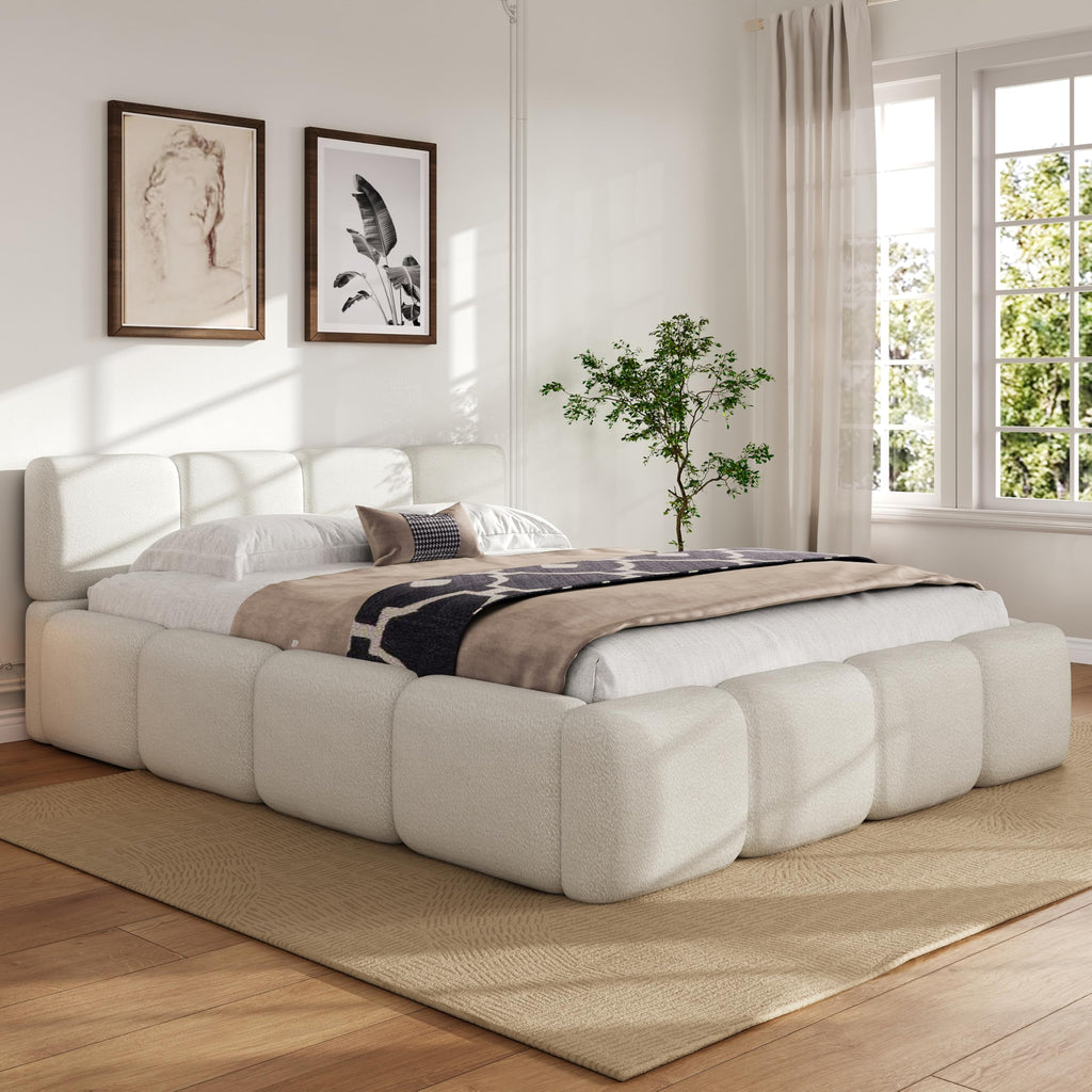 Beige Linen Cal King Curved Panel Bed Frame