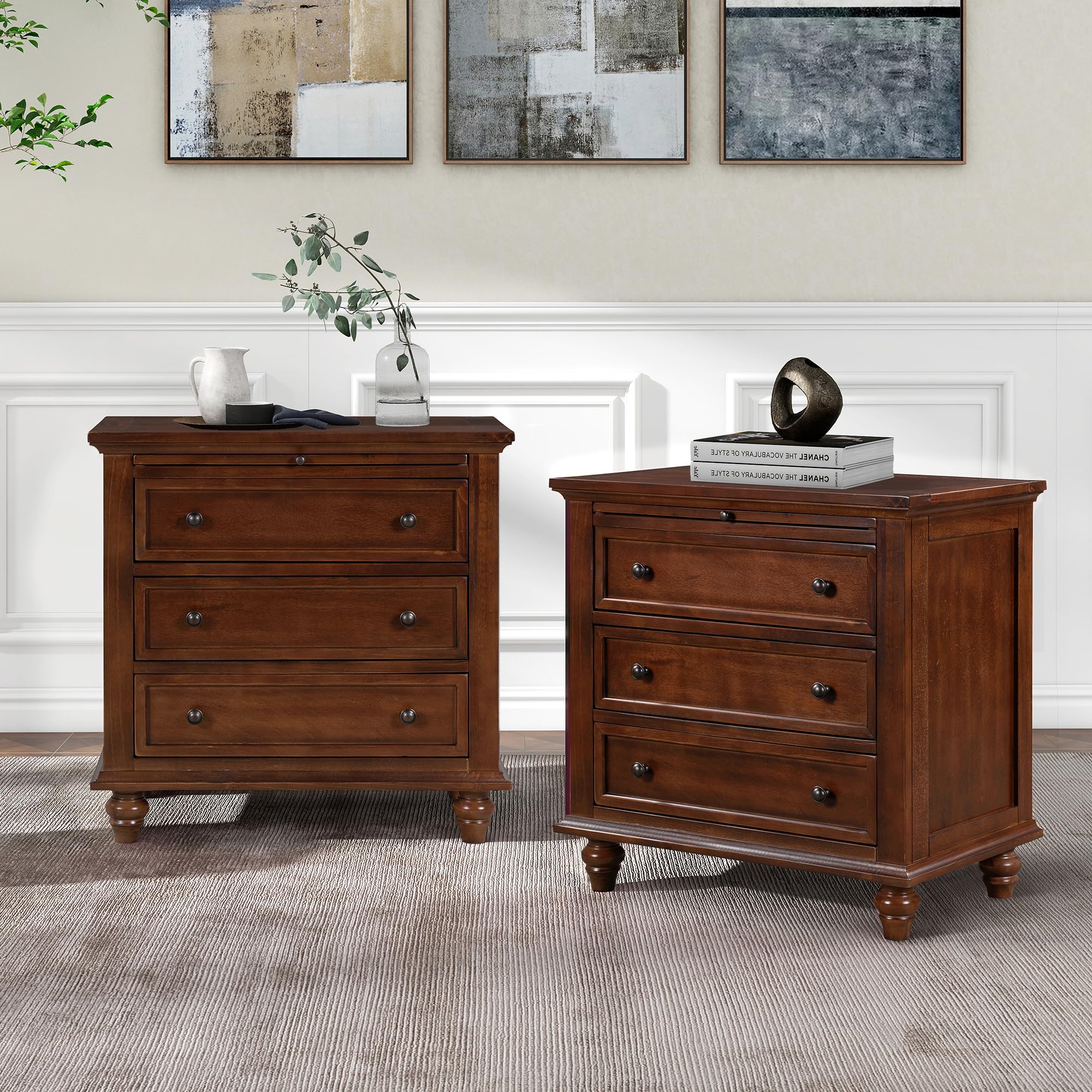 Brown Wood Nightstand 3 Drawers with Pull Out Tray