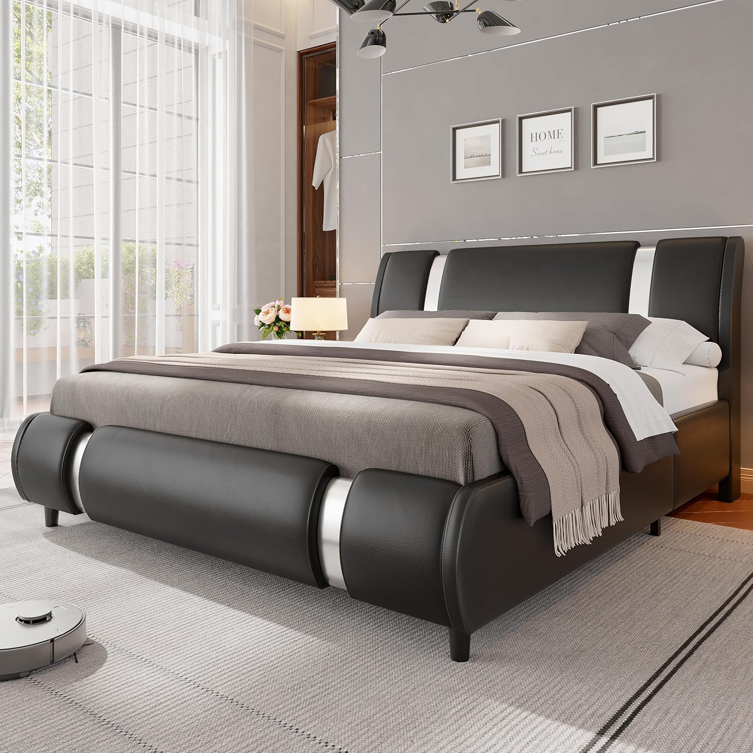 Black Faux Leather Queen Platform Bed Curved Headboard