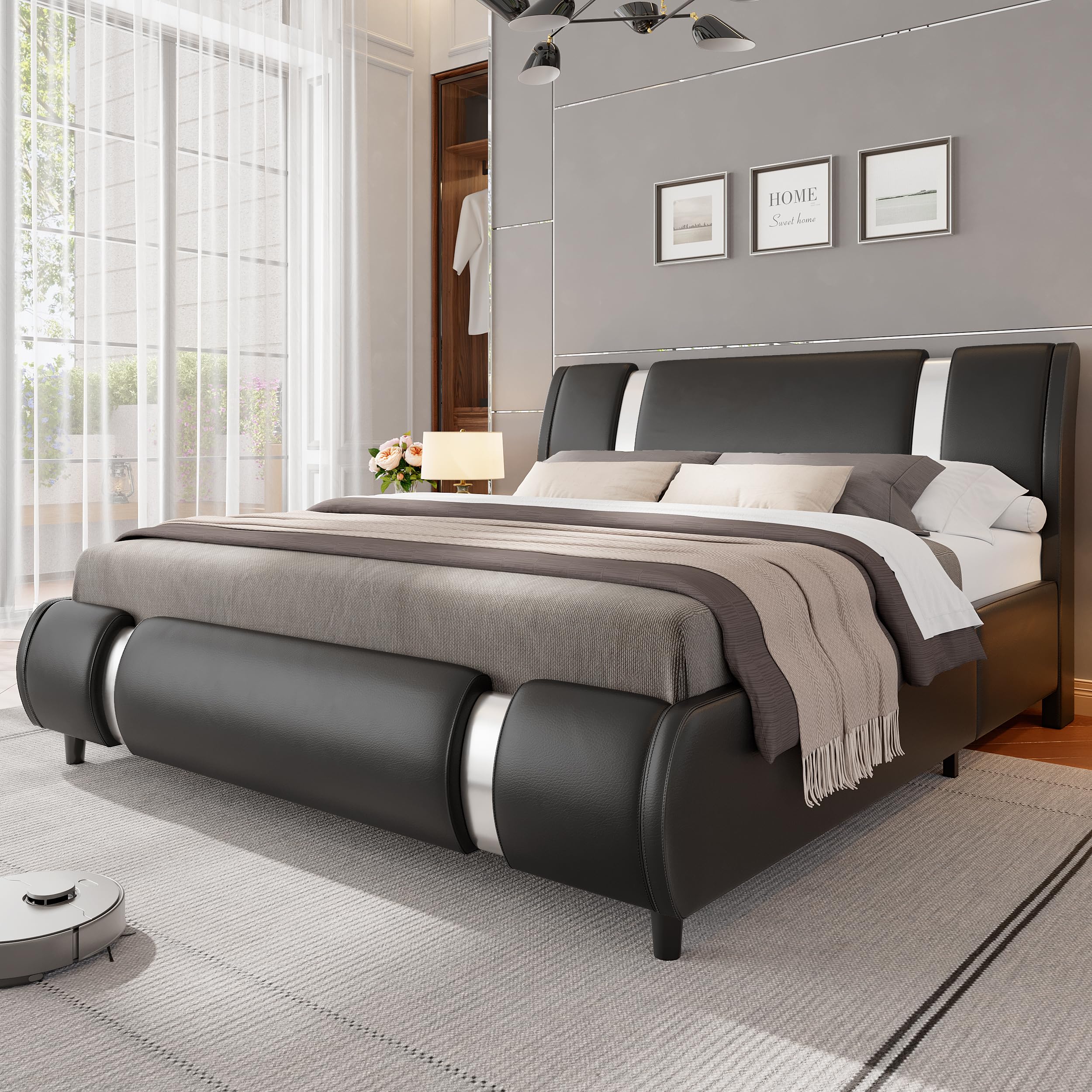 Black Faux Leather Queen Platform Bed Curved Headboard