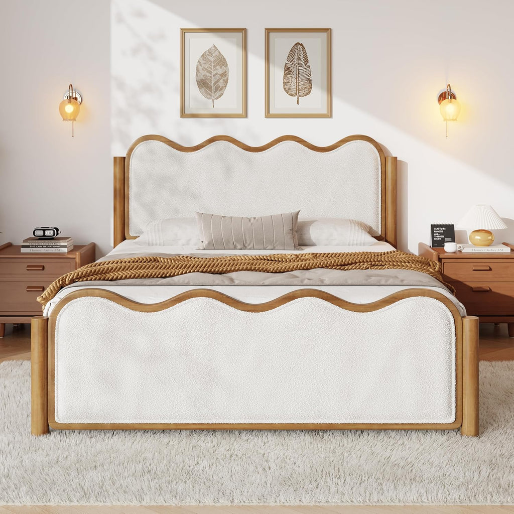 Boucle Queen Platform Bed Wavy Curved Headboard