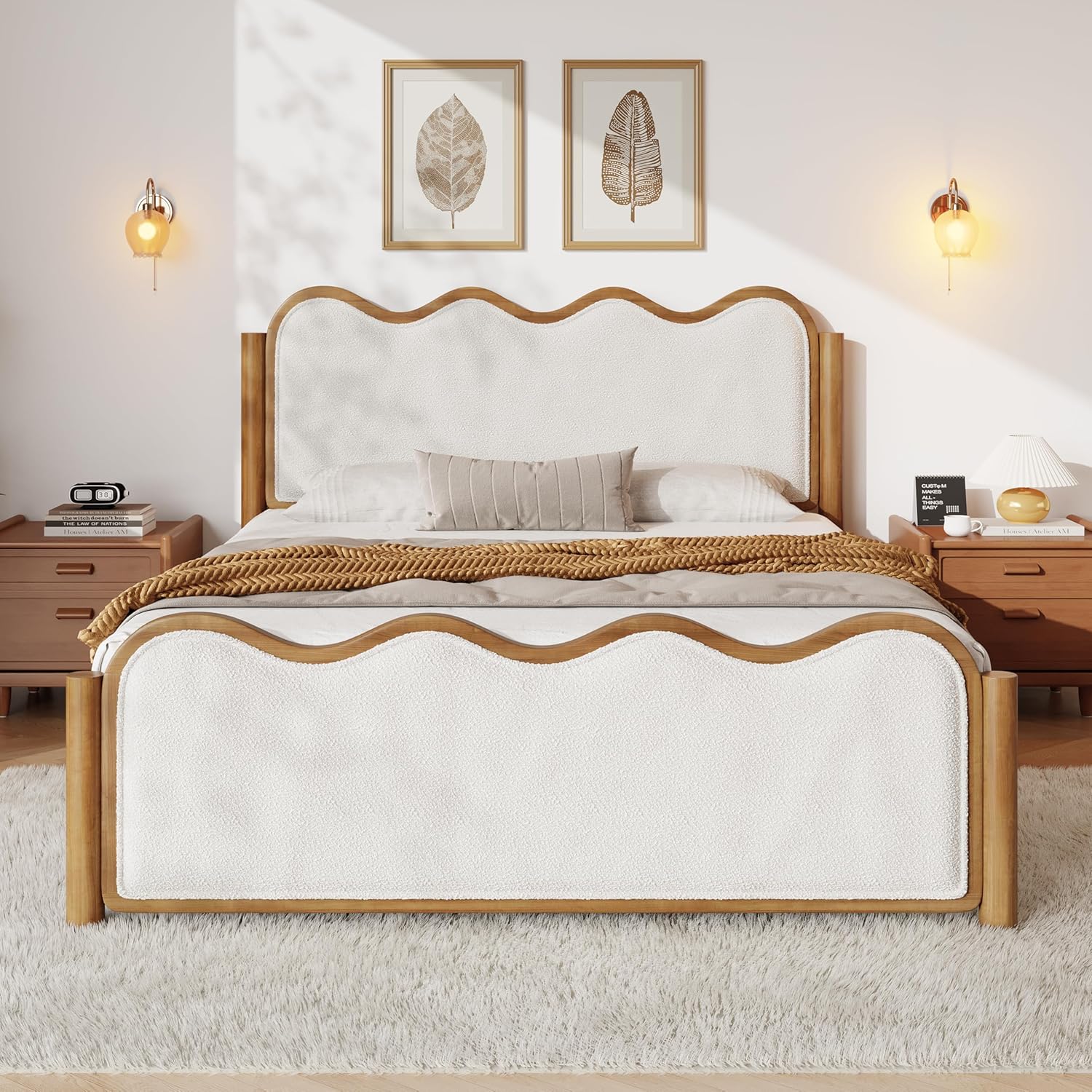 Boucle Queen Platform Bed Wavy Curved Headboard