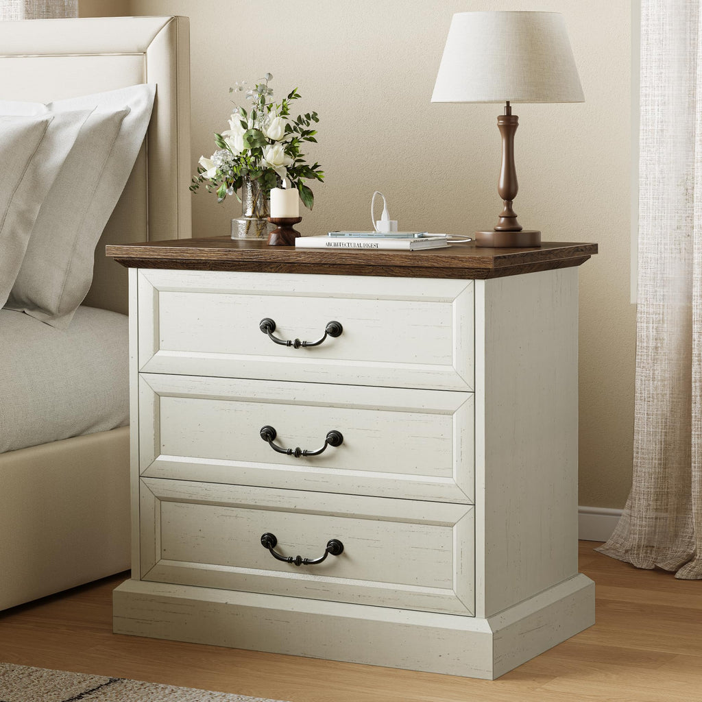 Distressed White 3 Drawer Nightstand with Charging Station