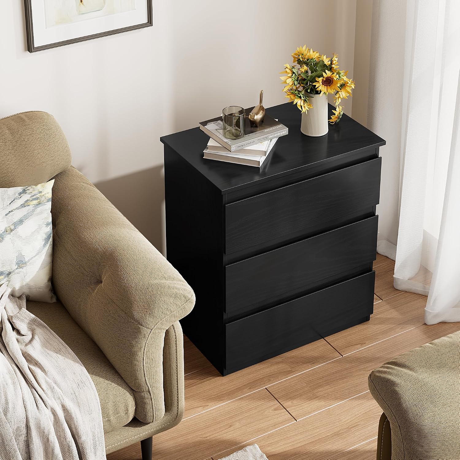 Black 3 Drawer Storage Bedroom Nightstand Side Table