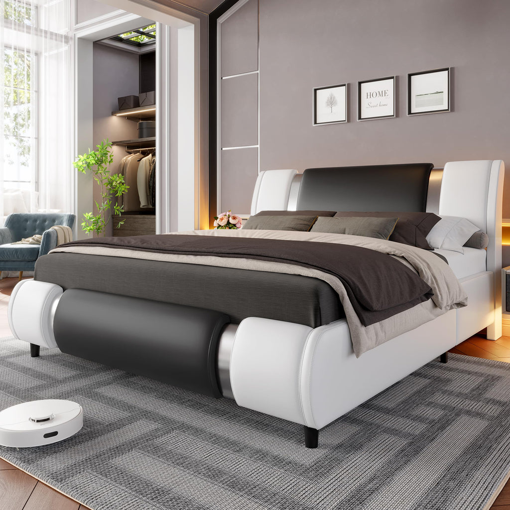Black Faux Leather Queen Platform Bed Curved Headboard