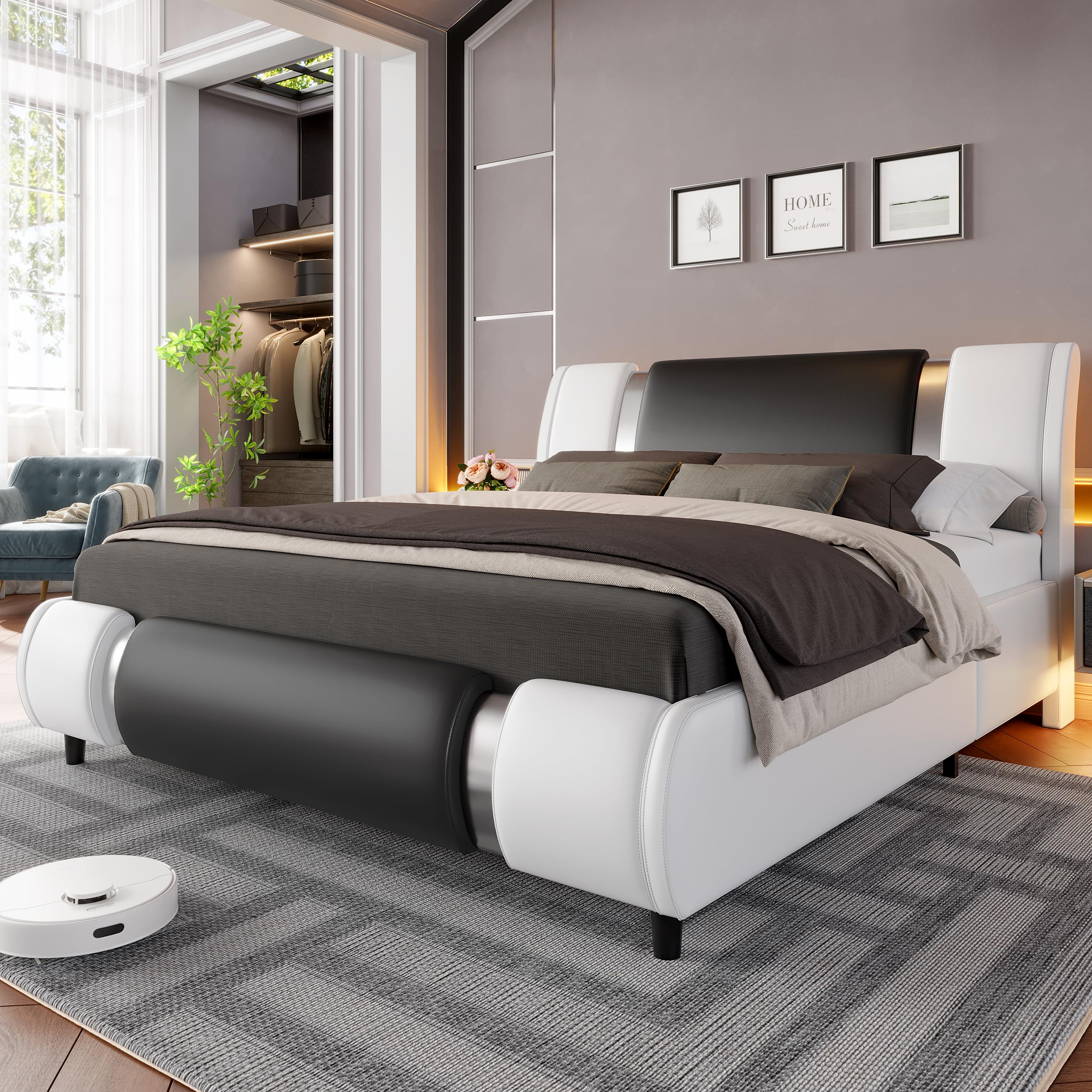Black Faux Leather Queen Platform Bed Curved Headboard