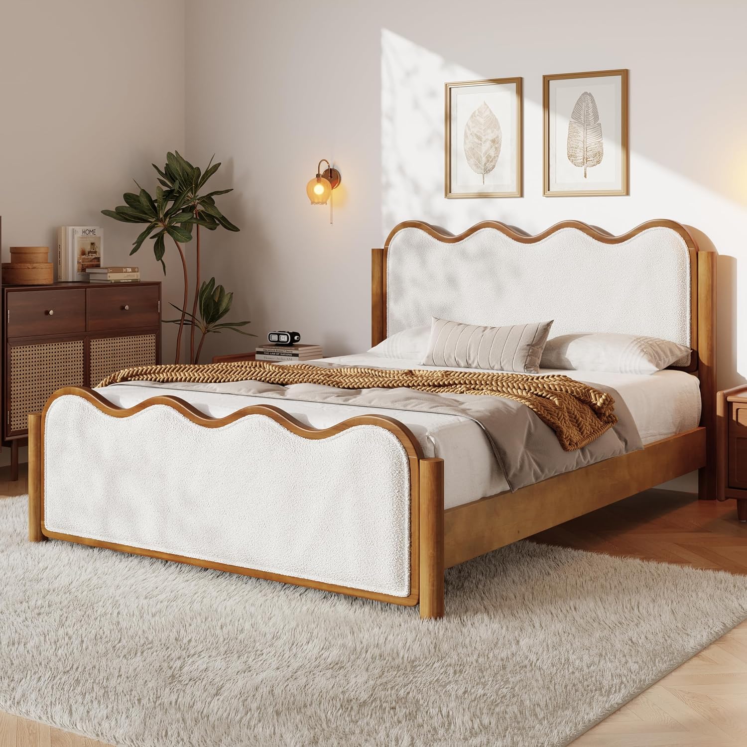 Boucle Queen Platform Bed Wavy Curved Headboard