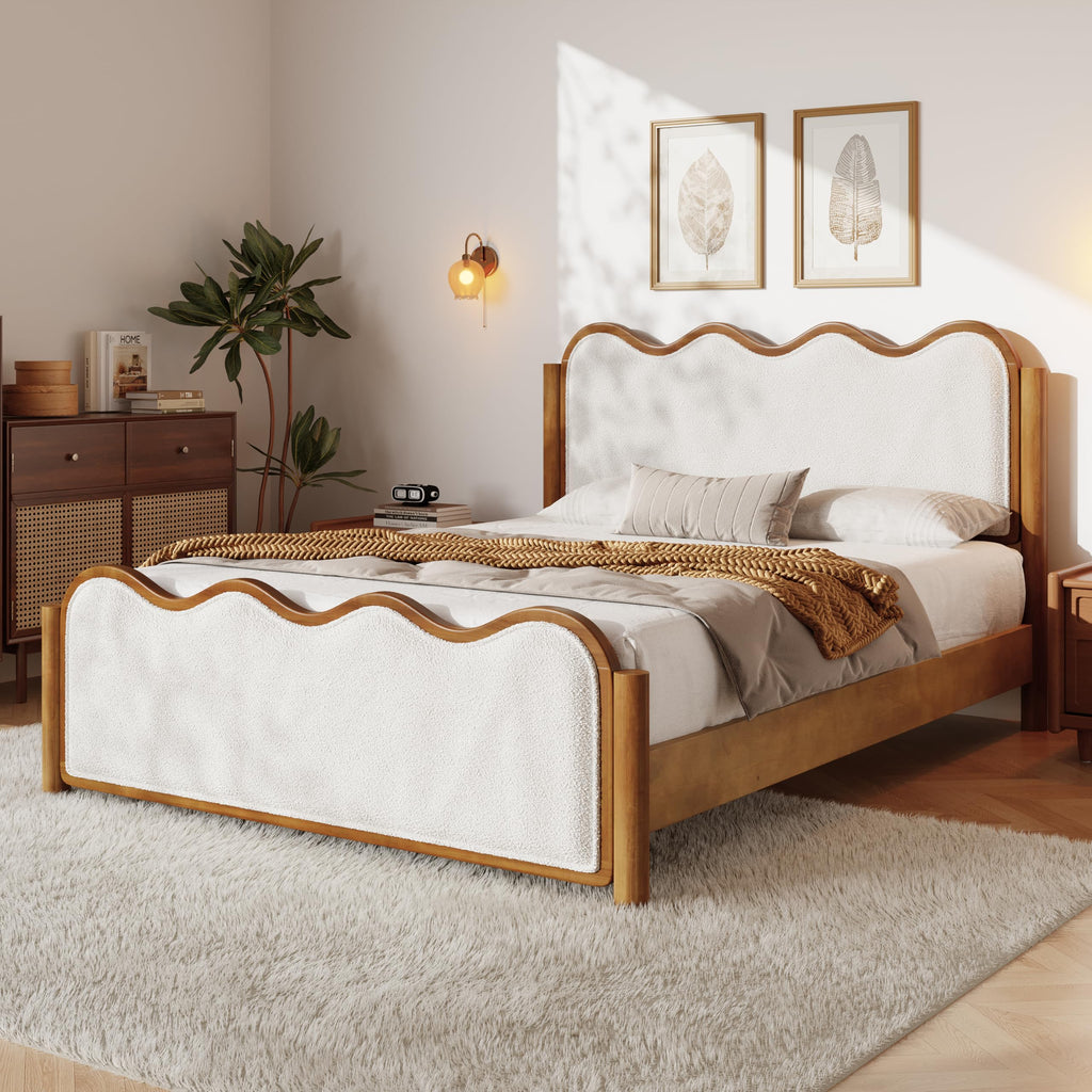 Boucle Queen Platform Bed Wavy Curved Headboard