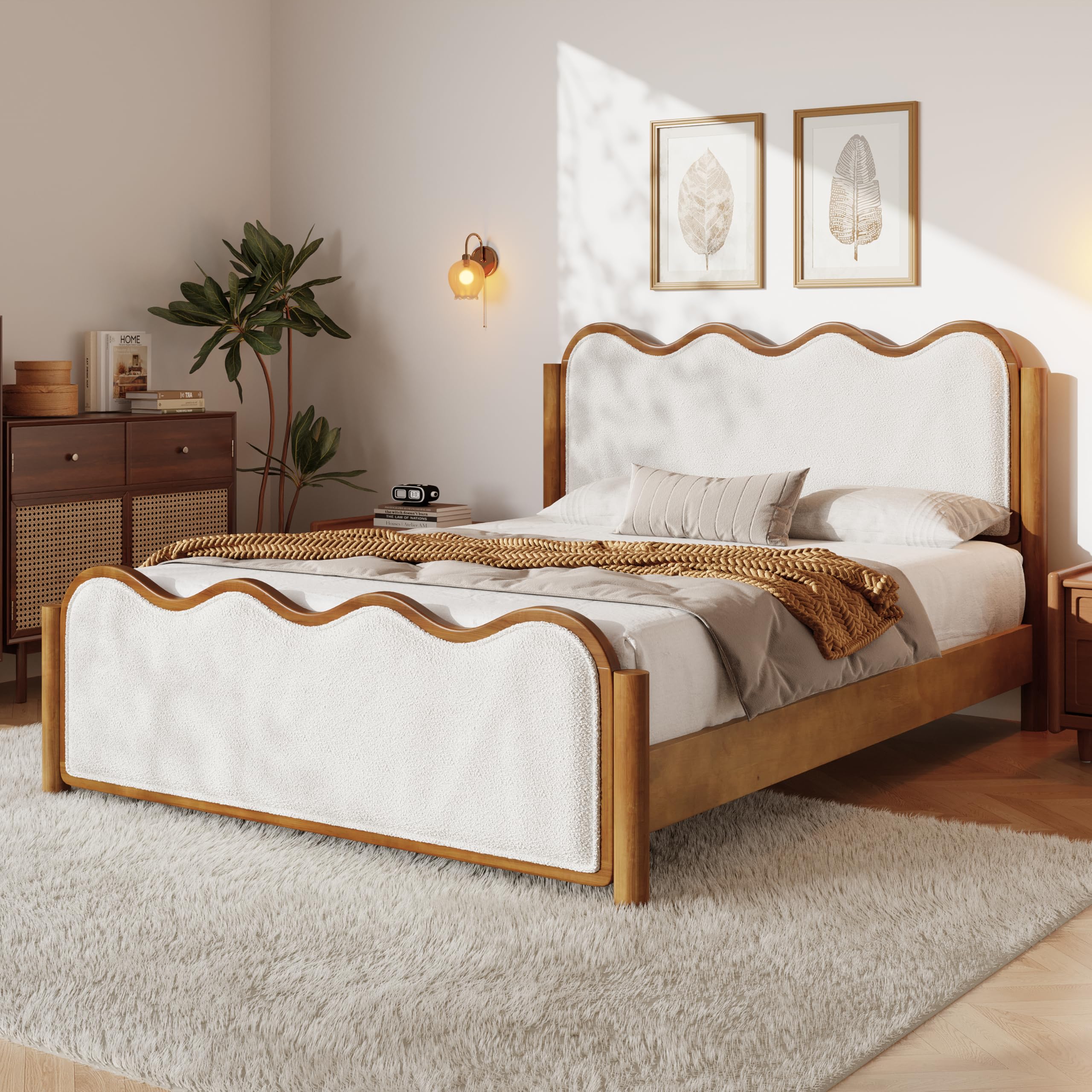 Boucle Queen Platform Bed Wavy Curved Headboard