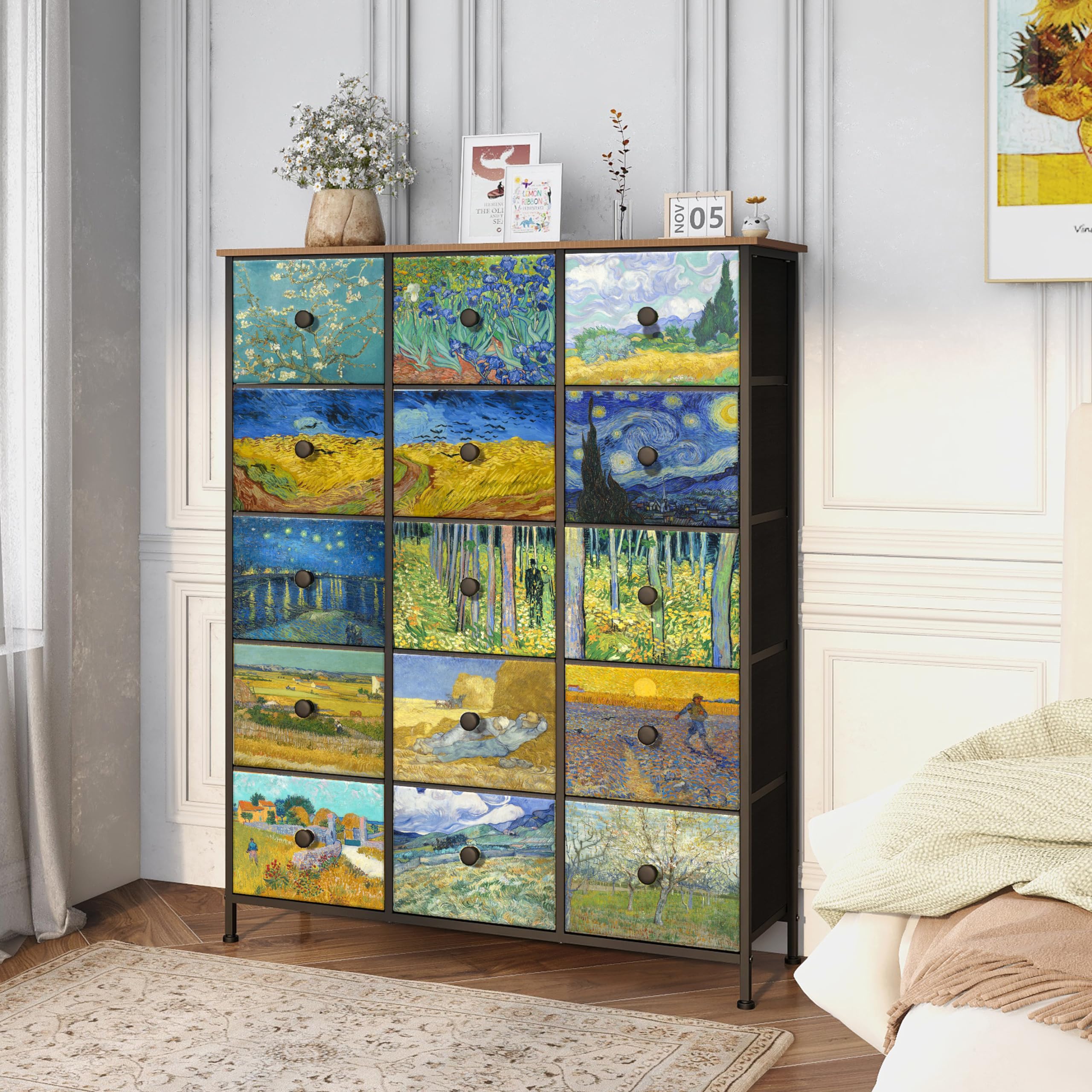 Rustic Brown Wood Top 8 Drawer Narrow Tall Dresser