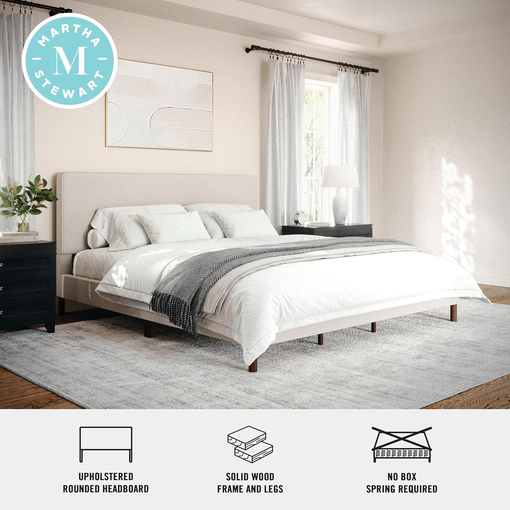 Beige Faux Linen King Bed Rounded Piped Headboard