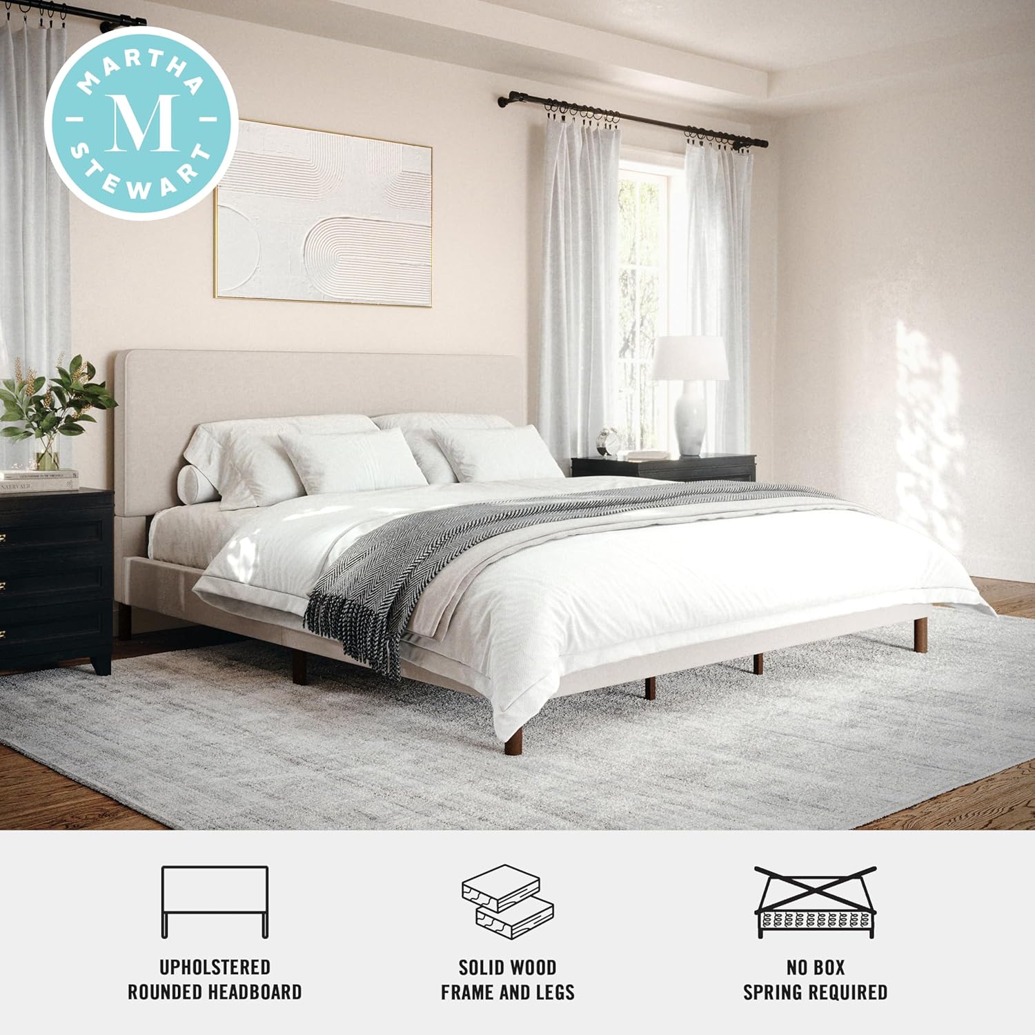 Beige Faux Linen King Bed Rounded Piped Headboard