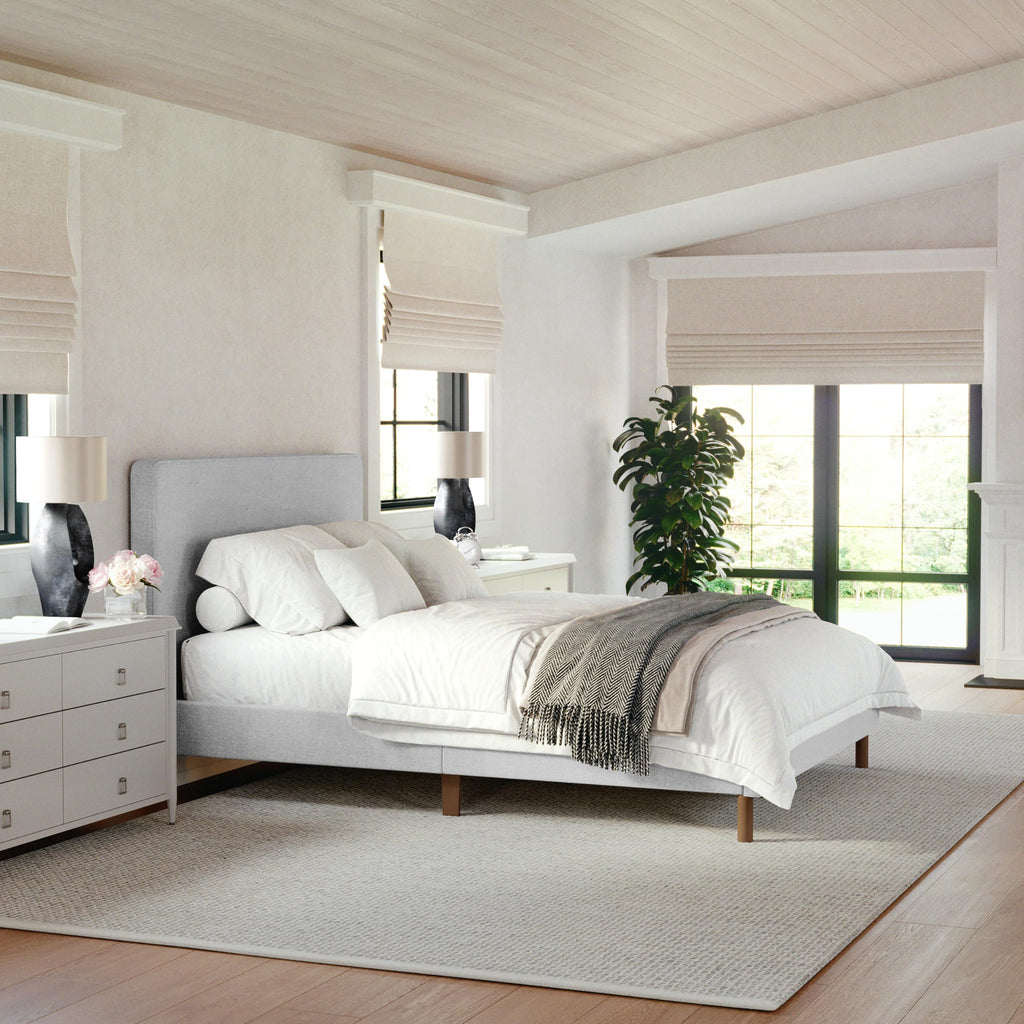 Beige Faux Linen King Bed Rounded Piped Headboard