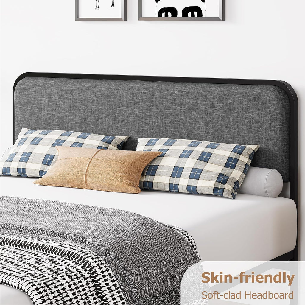 Grey Metal Queen Bed Curved Upholstered Headboard