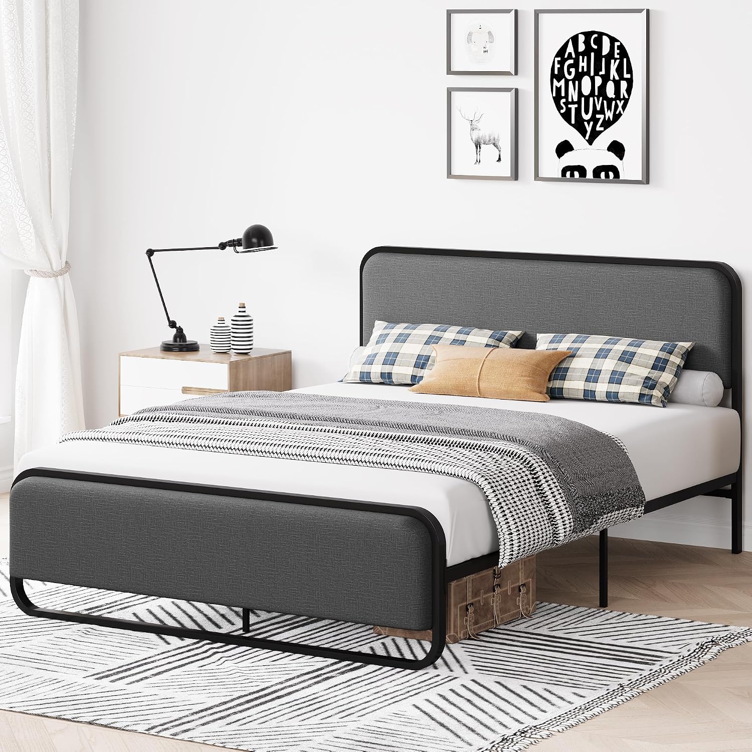 Grey Metal Queen Bed Curved Upholstered Headboard