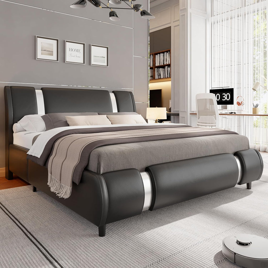 Black Faux Leather Queen Platform Bed Curved Headboard