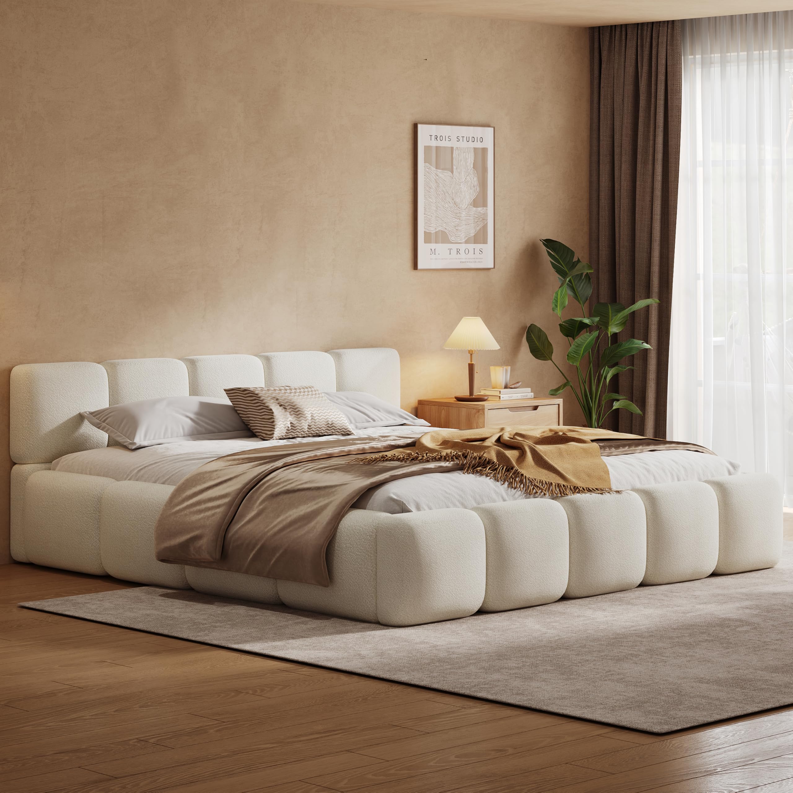 Beige Linen Cal King Curved Panel Bed Frame