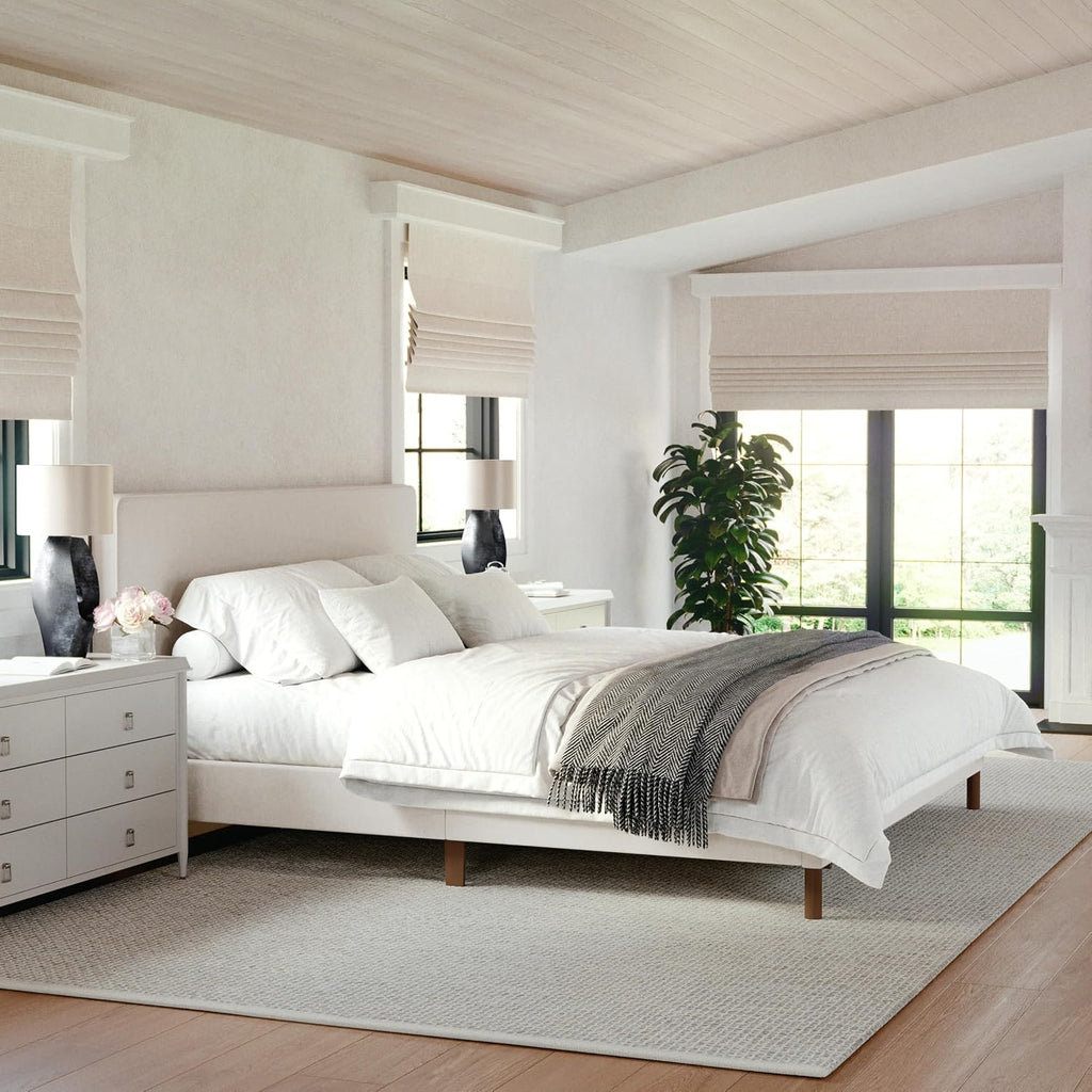 Beige Faux Linen King Bed Rounded Piped Headboard