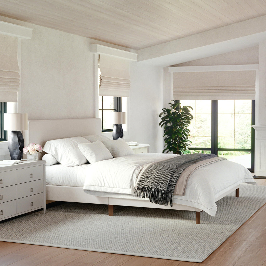 Beige Faux Linen King Bed Rounded Piped Headboard