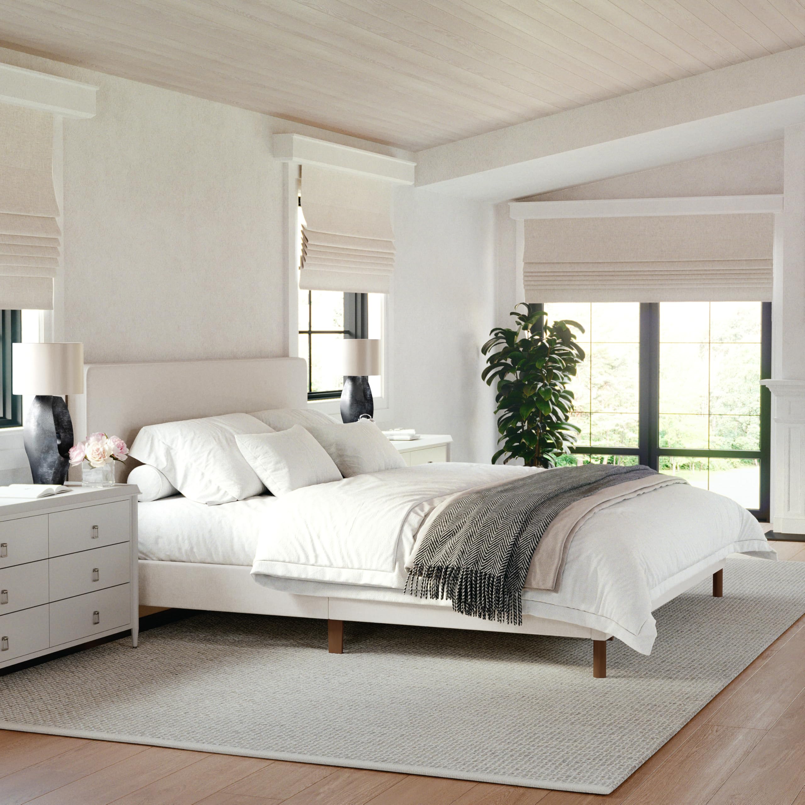 Beige Faux Linen King Bed Rounded Piped Headboard
