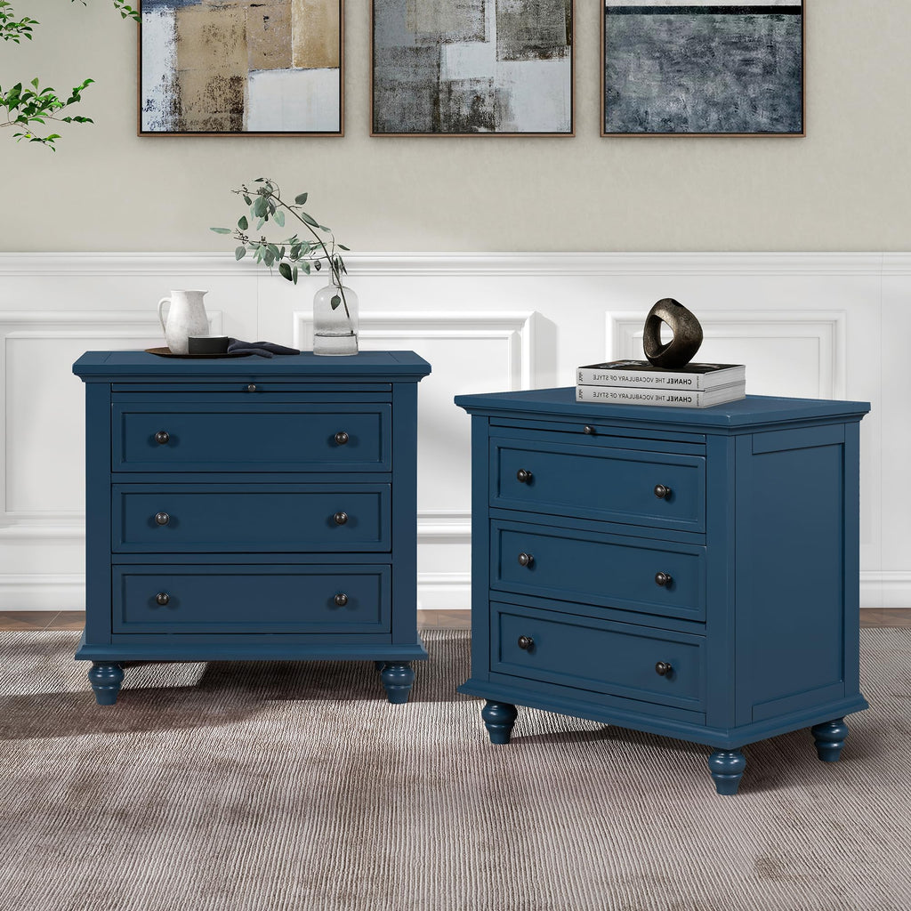 Brown Wood Nightstand 3 Drawers with Pull Out Tray