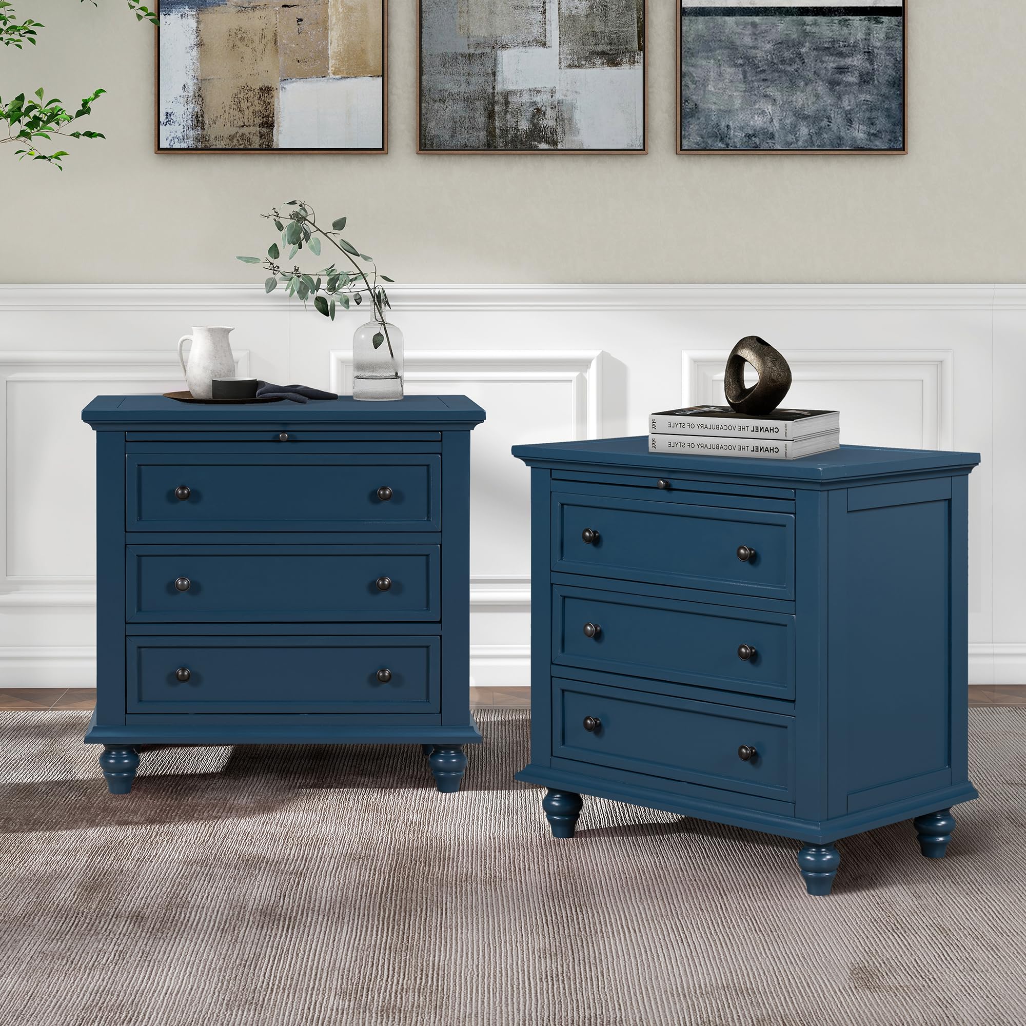 Brown Wood Nightstand 3 Drawers with Pull Out Tray