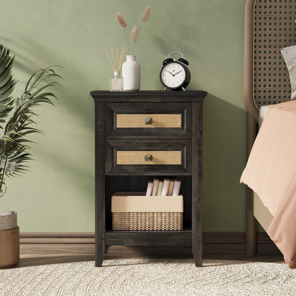 Grayish White Rattan 2 Drawer Bedroom Nightstand