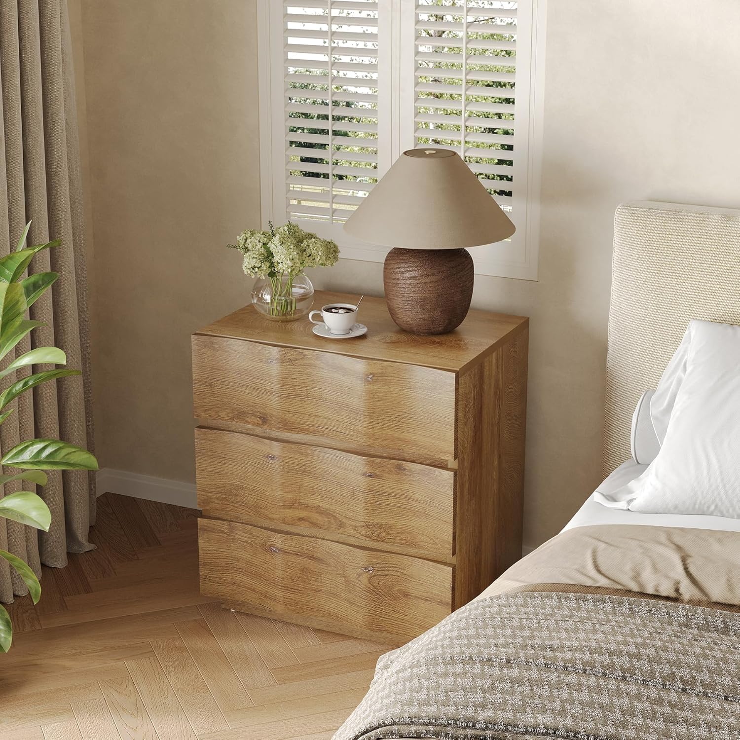 Natural Fluted 3 Drawer Rustic Wood Nightstand