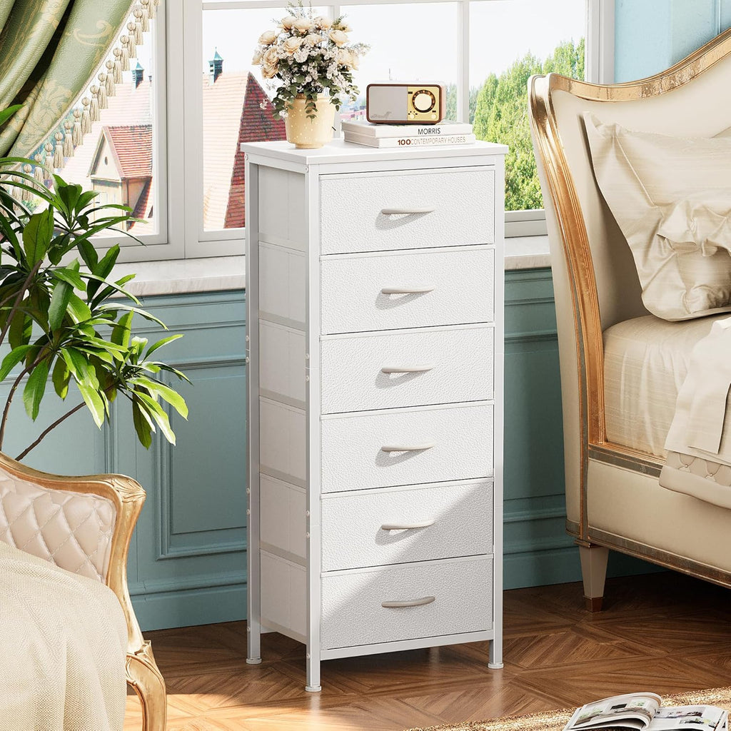 White 6 Drawer PU Leather Fabric Tall Storage Dresser