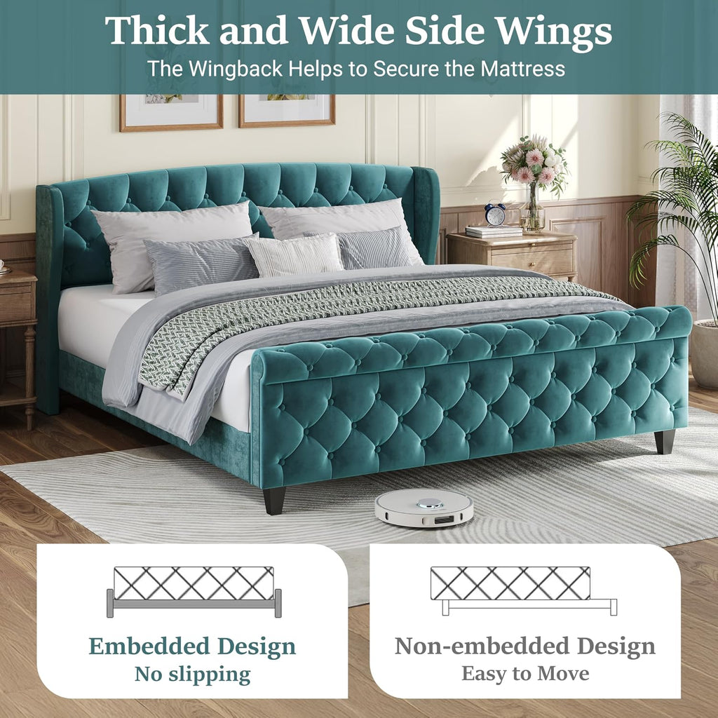 Turquoise Velvet King Sleigh Bed Wingback Tufted Design