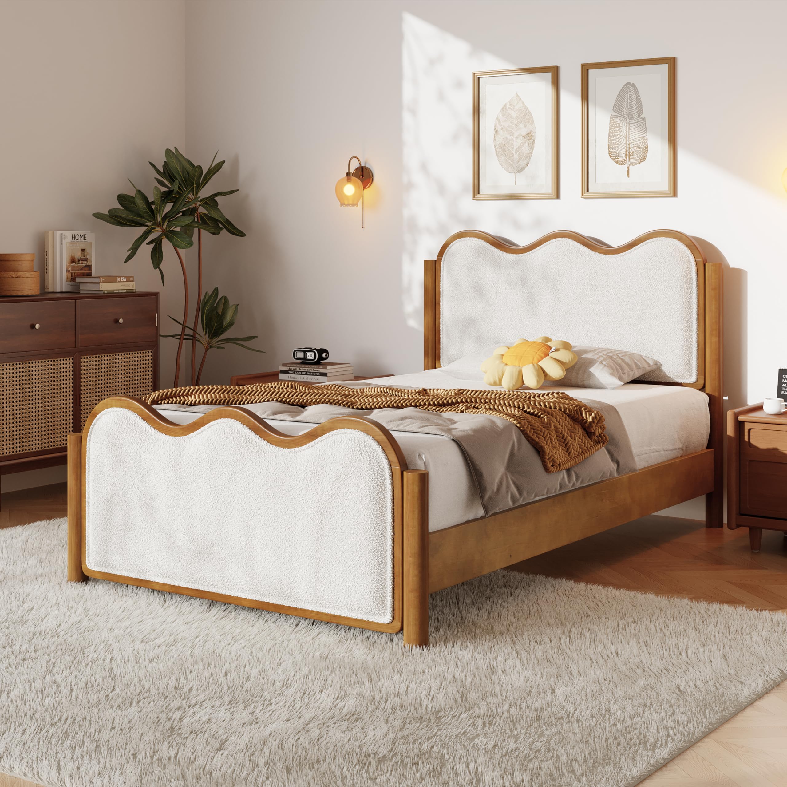 Boucle Queen Platform Bed Wavy Curved Headboard