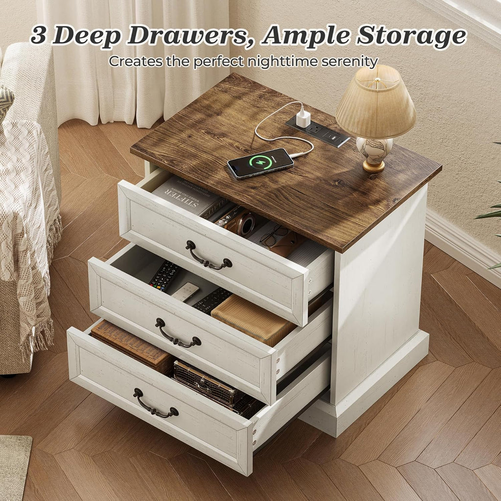 Distressed White 3 Drawer Nightstand with Charging Station