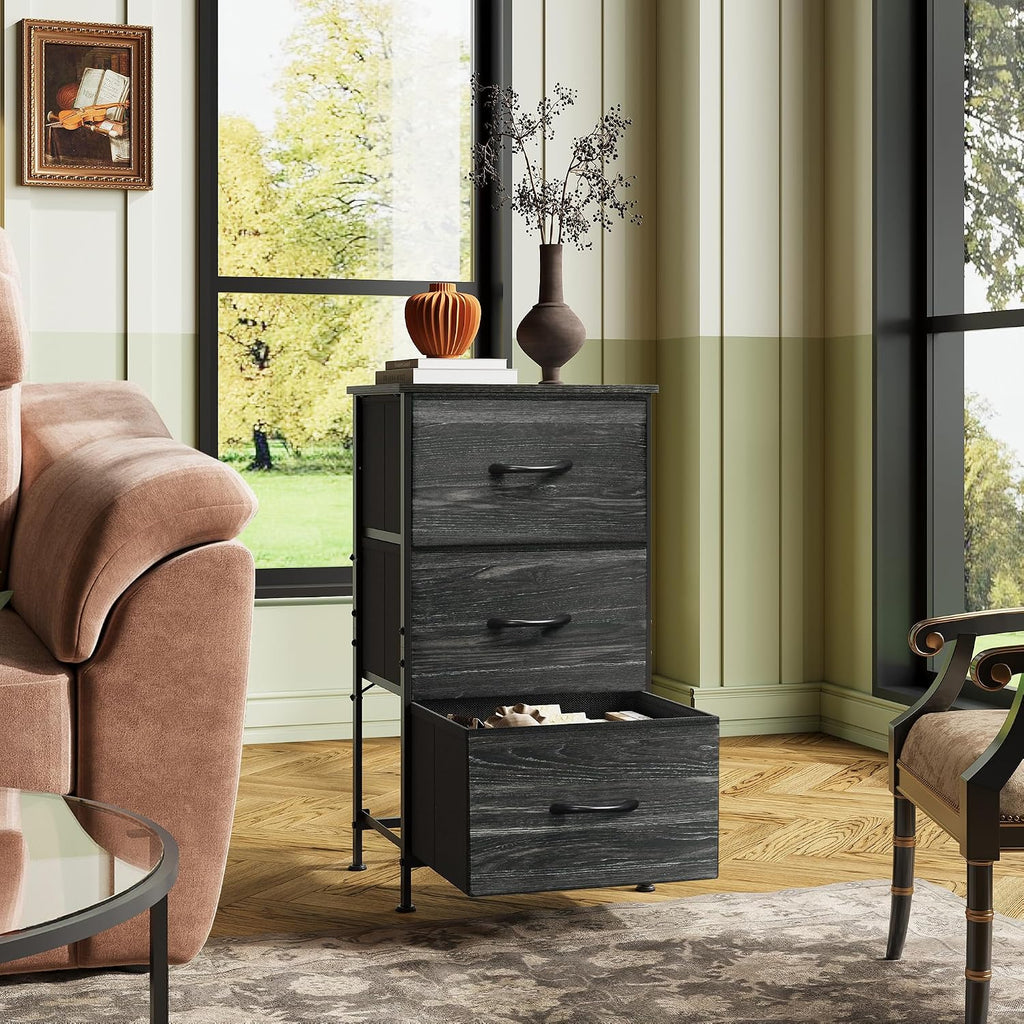 Charcoal Black Wood Top 3 Drawer Fabric Nightstand
