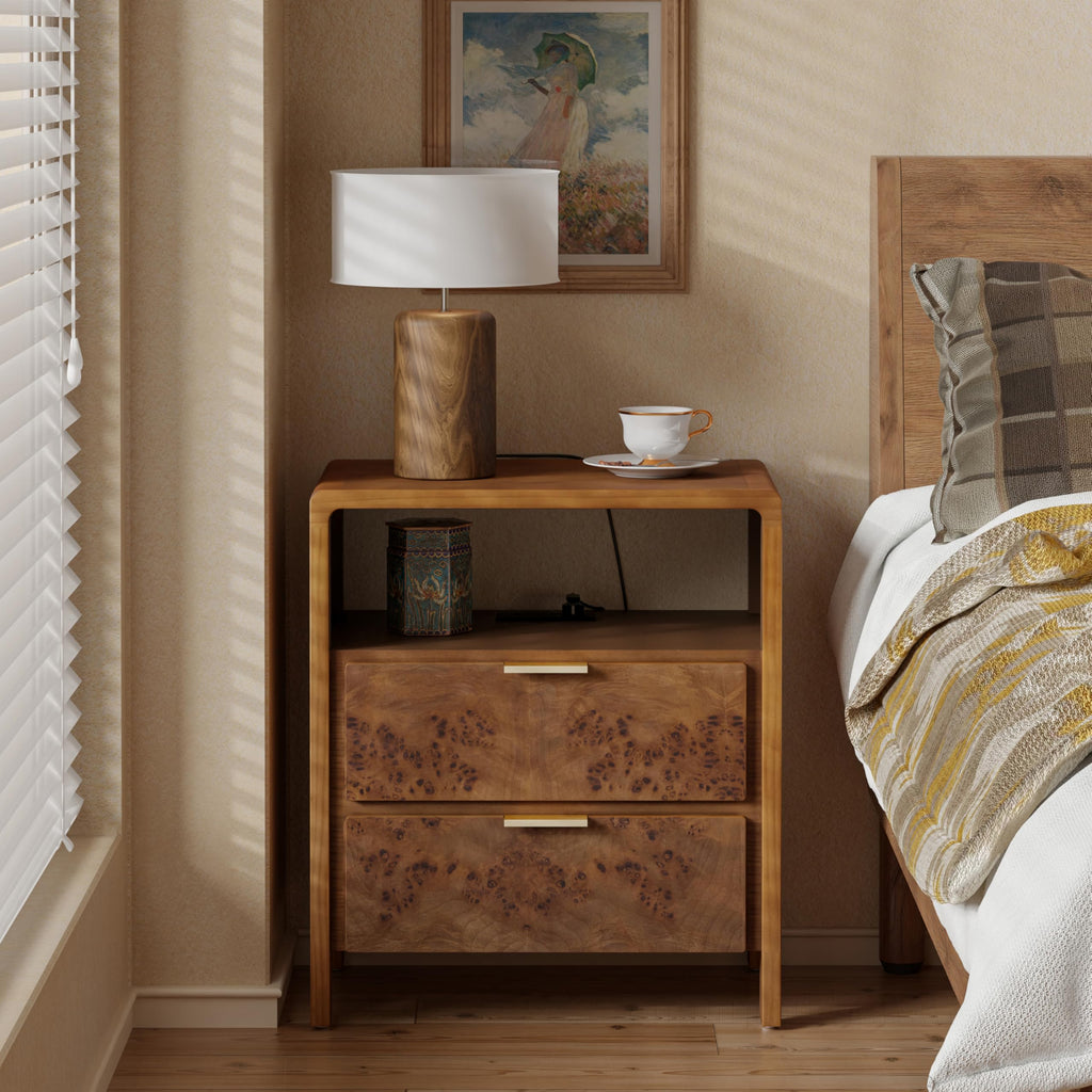 Natural Burl Wood 3 Drawer Farmhouse Nightstand