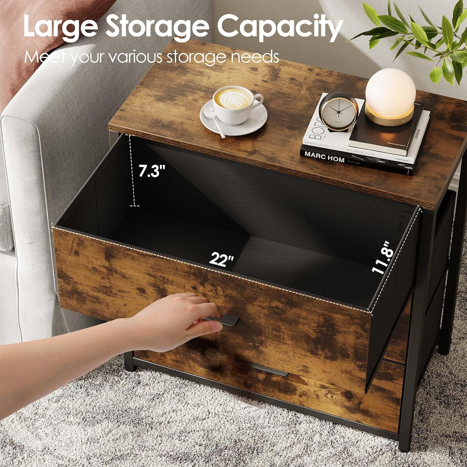 Wood Top Fabric 3 Drawer Bedroom Nightstand Dresser
