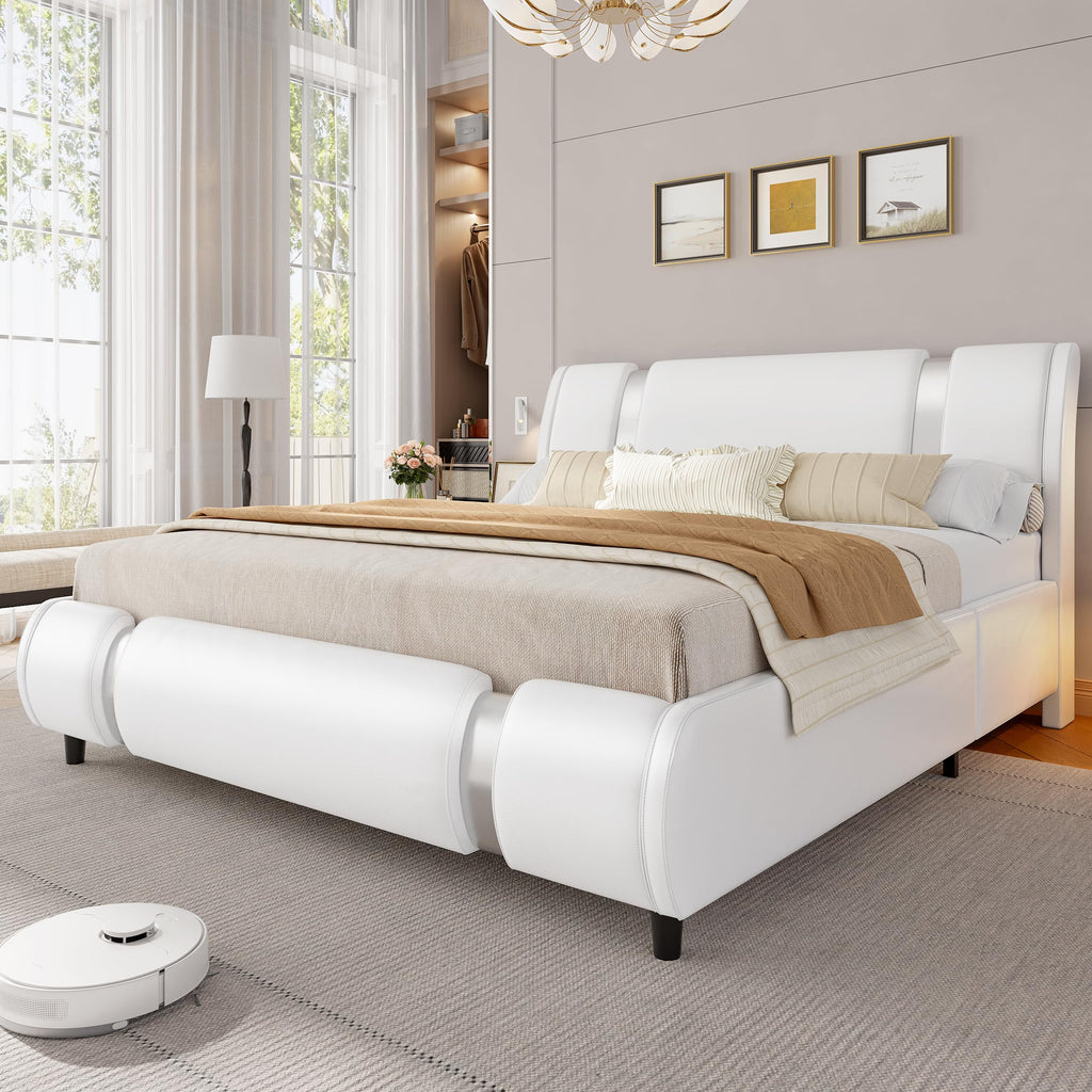 Black Faux Leather Queen Platform Bed Curved Headboard