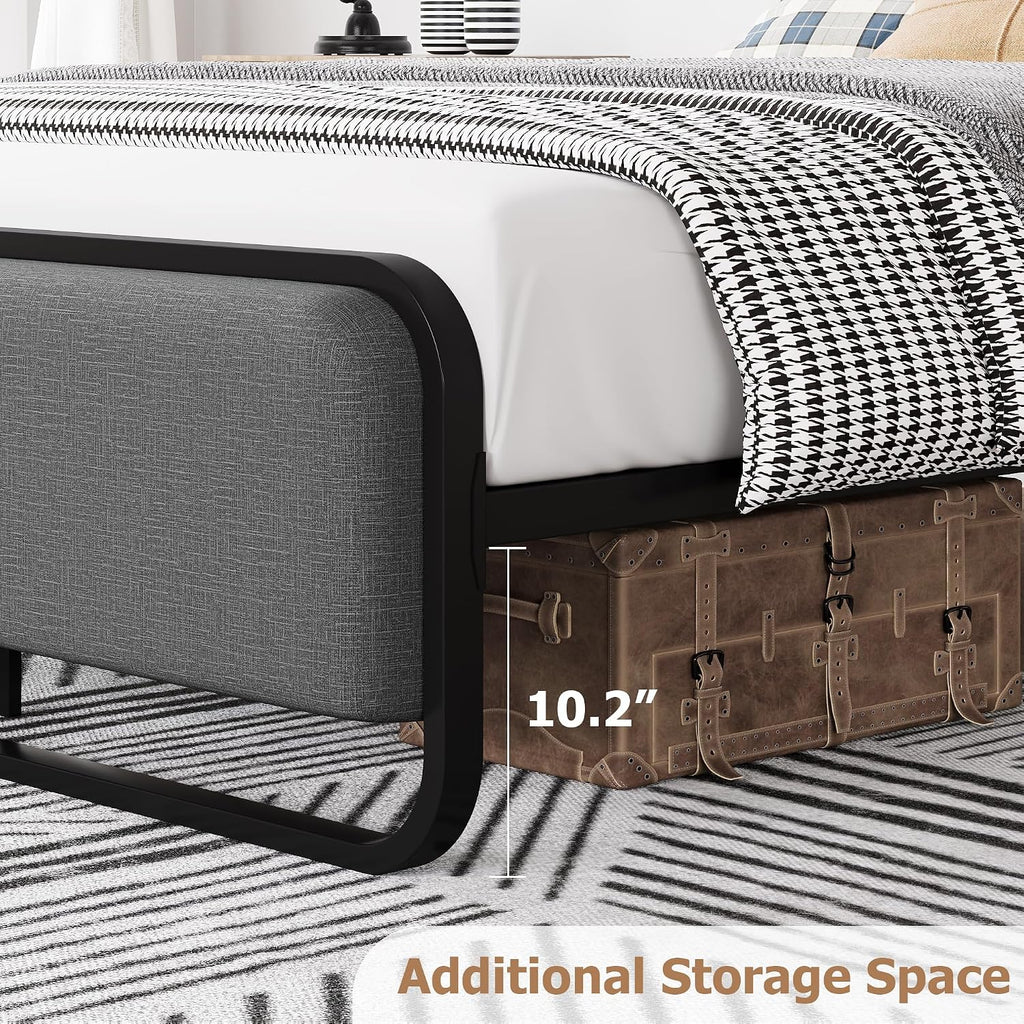 Grey Metal Queen Bed Curved Upholstered Headboard