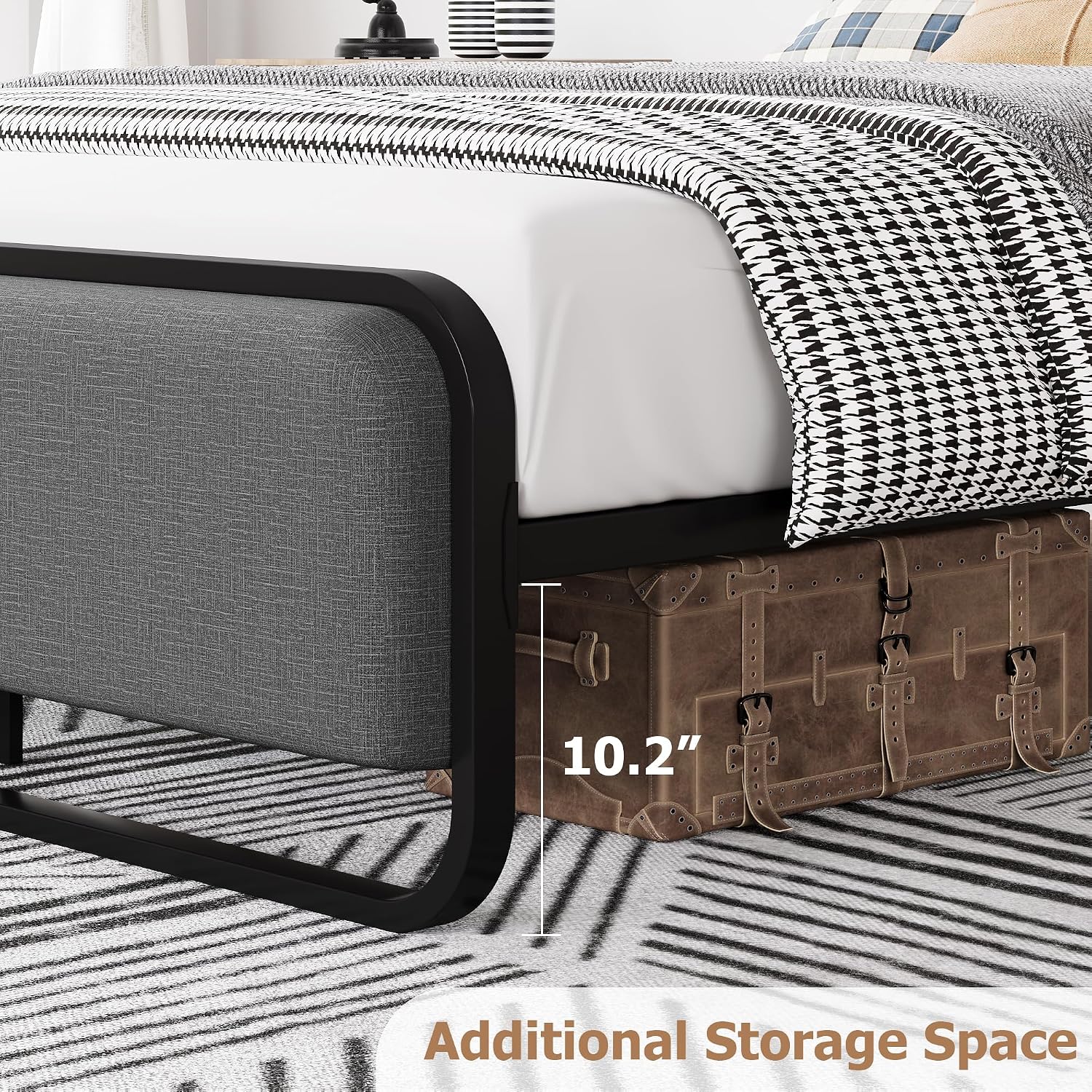 Grey Metal Queen Bed Curved Upholstered Headboard