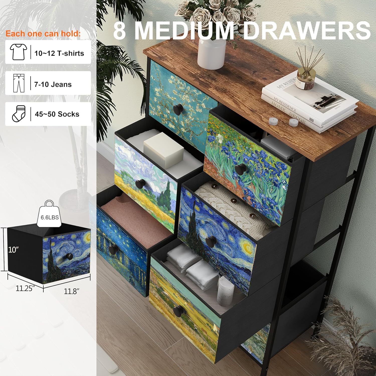 Rustic Brown Wood Top 8 Drawer Narrow Tall Dresser