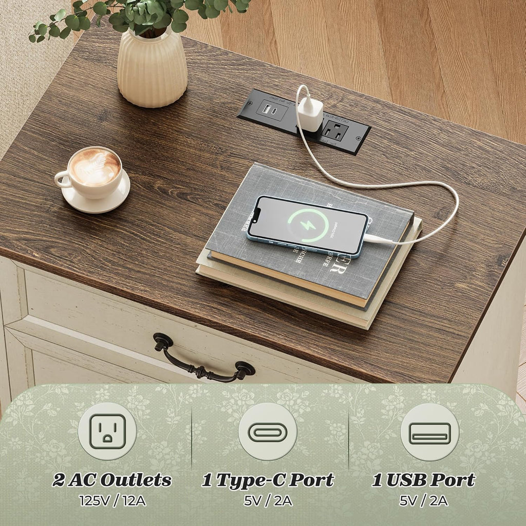 Distressed White 3 Drawer Nightstand with Charging Station
