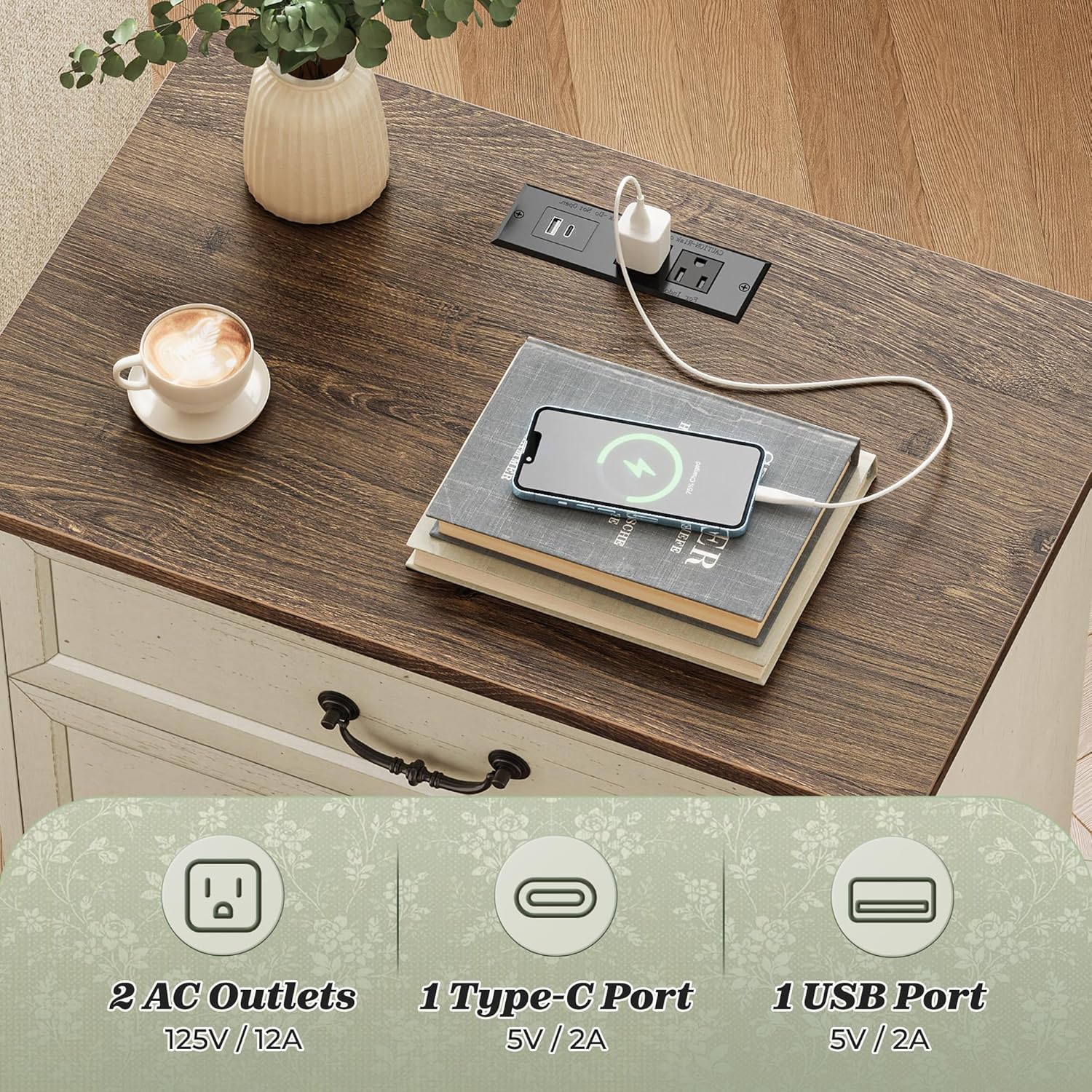 Distressed White 3 Drawer Nightstand with Charging Station