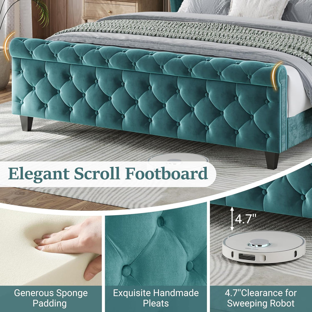 Turquoise Velvet King Sleigh Bed Wingback Tufted Design