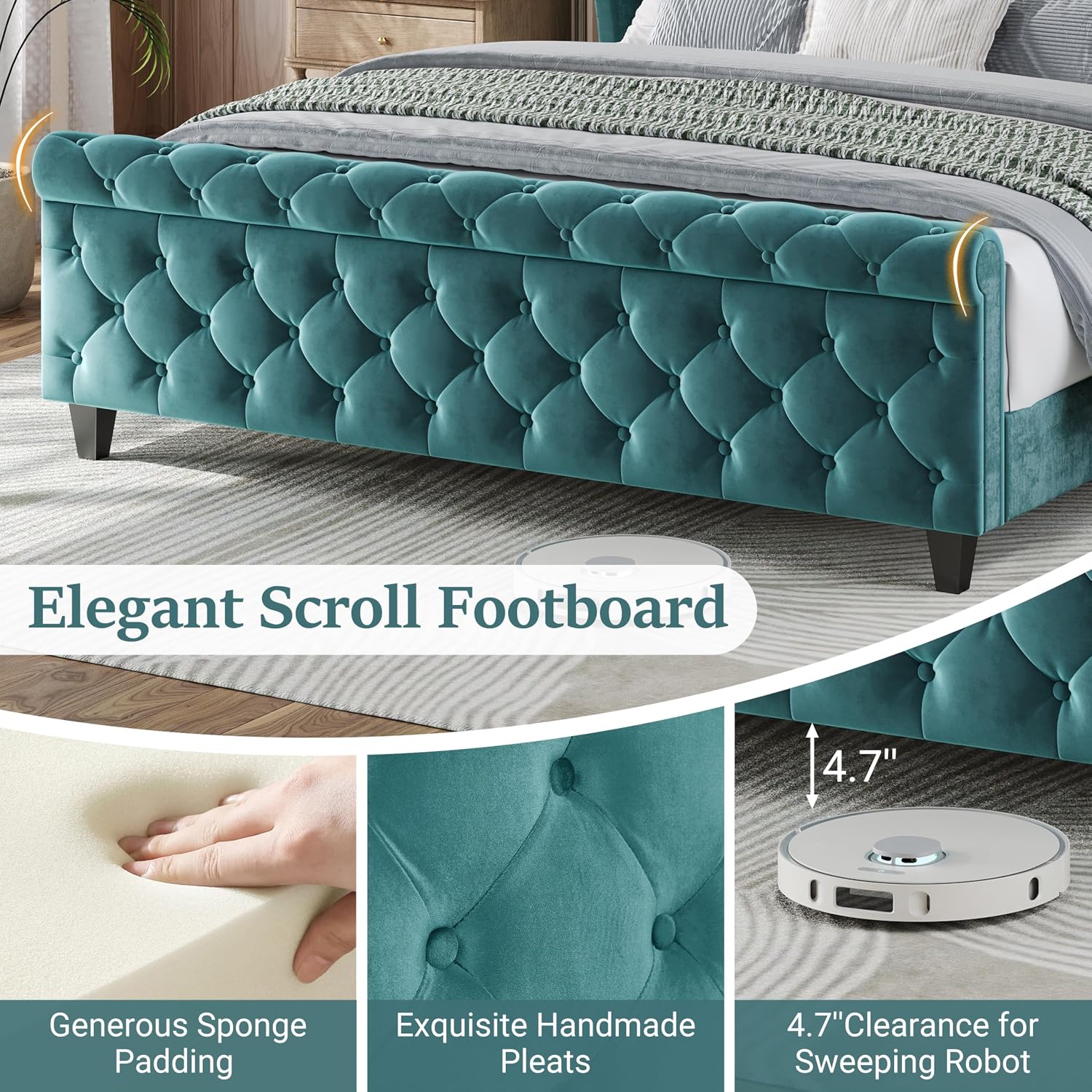 Turquoise Velvet King Sleigh Bed Wingback Tufted Design
