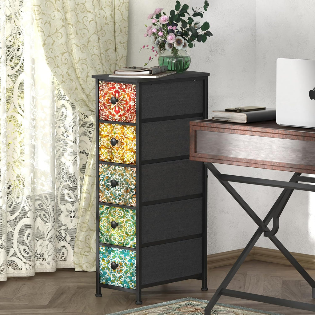Retro Mandala Slim Narrow Fabric Drawer Storage Dresser