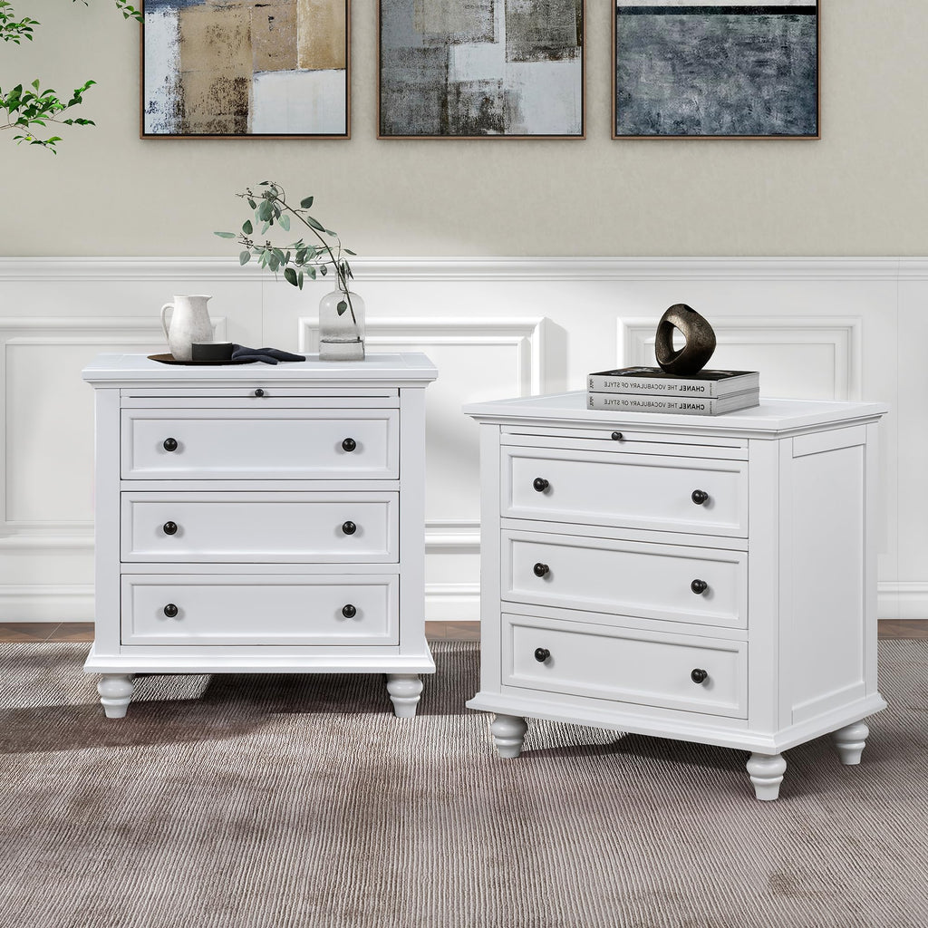 Brown Wood Nightstand 3 Drawers with Pull Out Tray