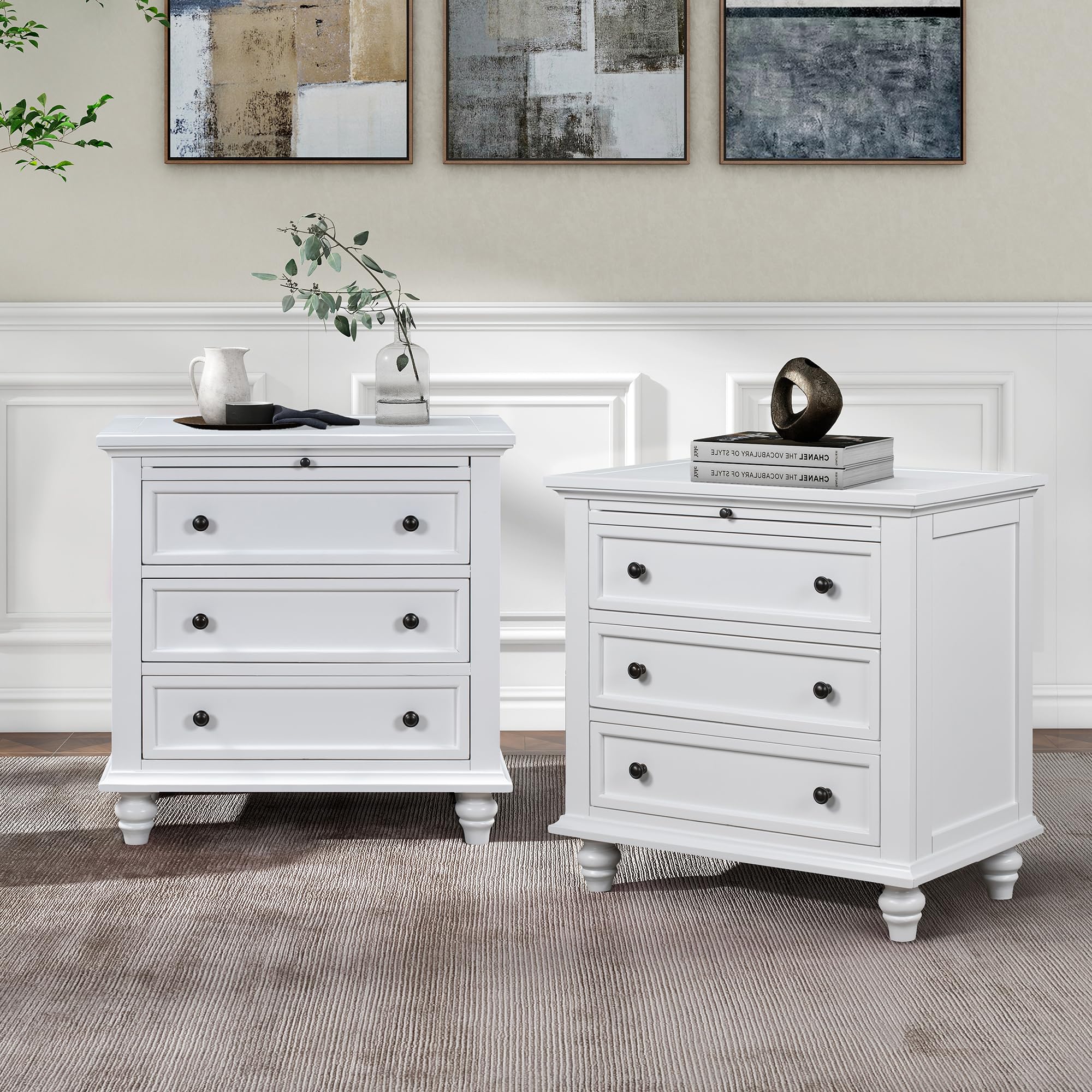 Brown Wood Nightstand 3 Drawers with Pull Out Tray