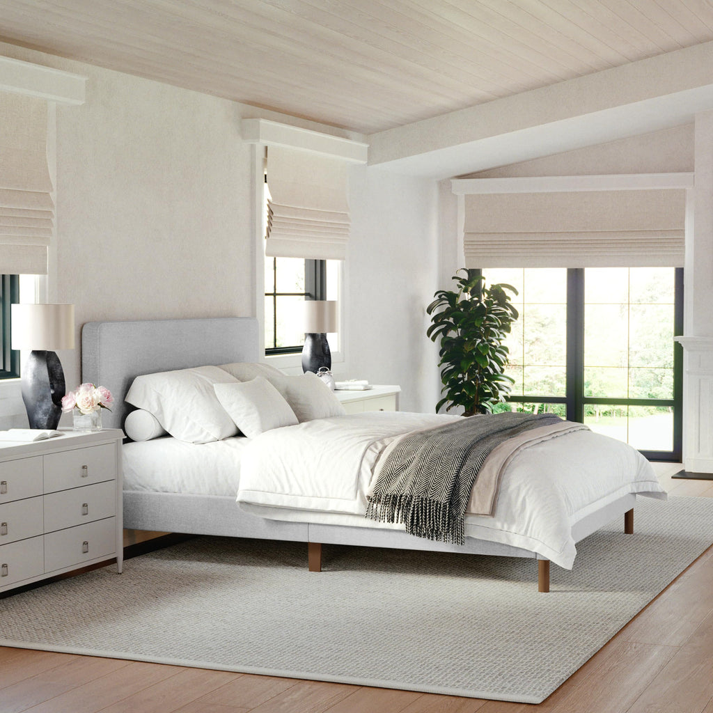 Beige Faux Linen King Bed Rounded Piped Headboard