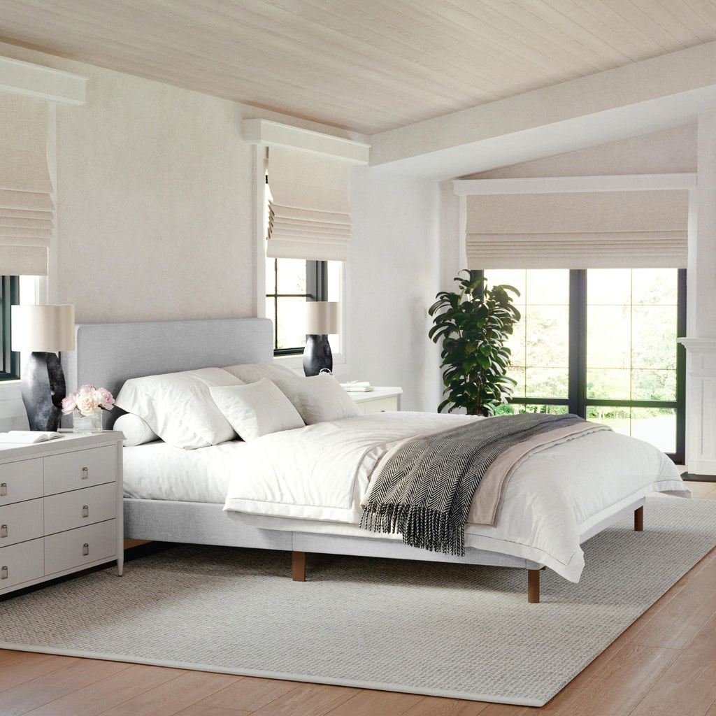 Beige Faux Linen King Bed Rounded Piped Headboard