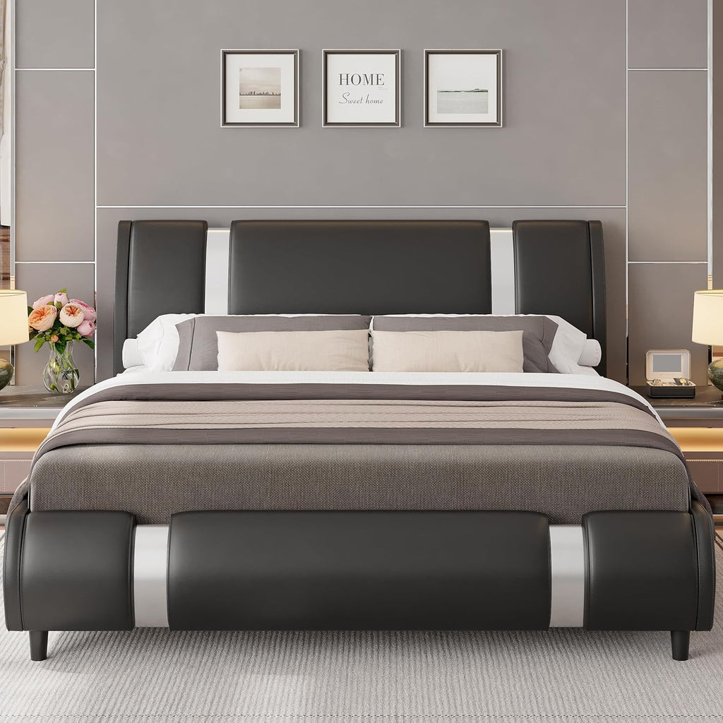 Black Faux Leather Queen Platform Bed Curved Headboard